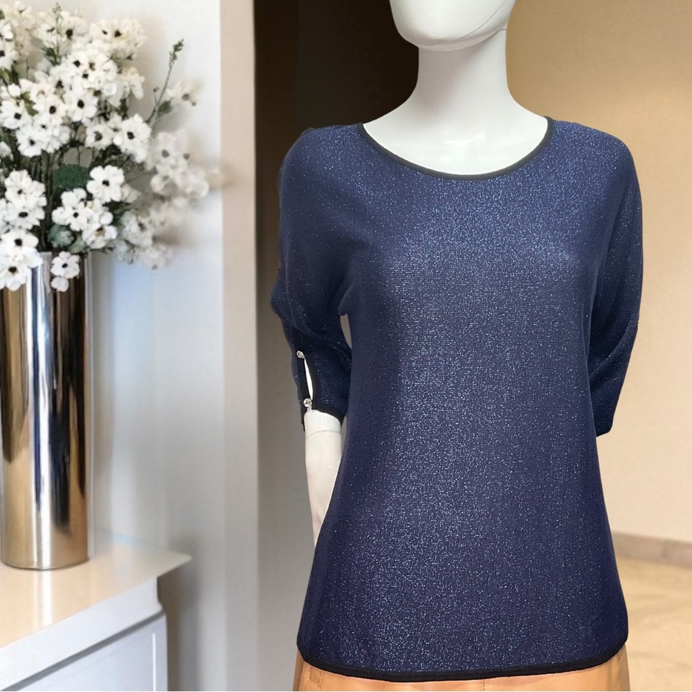 Womens Blue Metallic Top By Fontana Embellished Sleeve Detail Shimmer Dressy Top